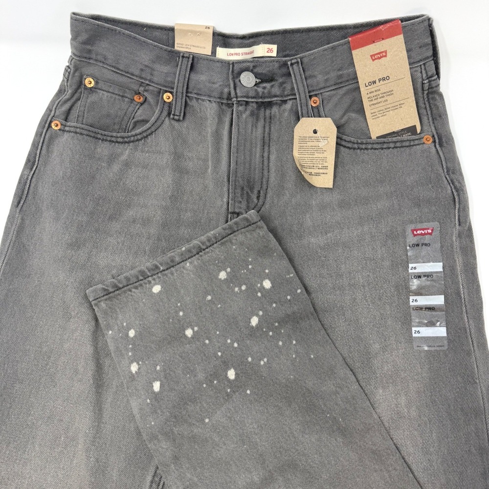 Levis Low Pro Straight Jeans Grey Paint Splatter Mid Rise Relaxed Womens 26 NEW